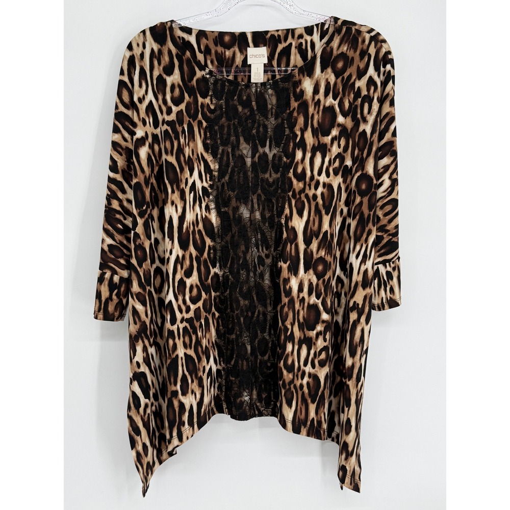 Chicos Leopard Print Lace Inset Sharkbite Hem Tunic Top Brown Tan Womens Sz 1/M